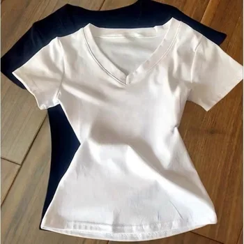 Skinny Slim Cotton V Neck Women's T Shirt Summer Basic Solid White Black Short Sleeve TShirt Casual Top Tee for Women Clothing 1