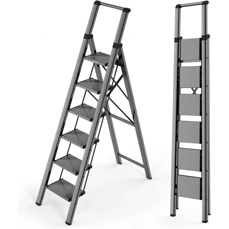 

WOA WOA 6 Step Ladder, Lightweight Foldable Ladder with Non-Slip Wide Pedals, Stepladder with Safe Handrail, Space Saving for Ho