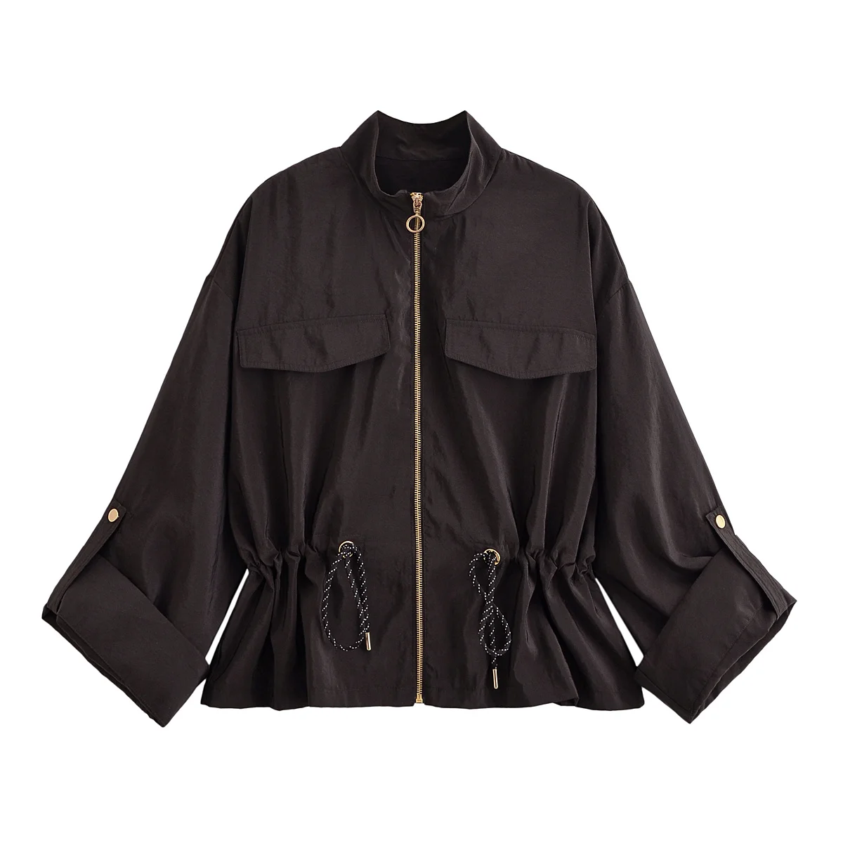 Chaquetas Bomber Sólidas con Cordón Ajustable HH para Mujer, Cierre de Cremallera, Estilo Urbano, Holgadas, Cuello Redondo, Ropa de Primavera, Elegantes, para Vacaciones