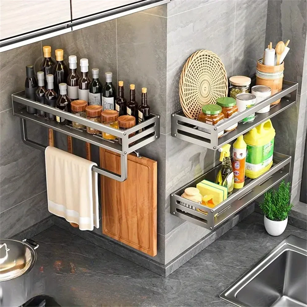 Wall-Mounted Kitchen Storage Rack Multifunctional Spice Shelf Wall Shelf  Hanging Hook Rack Condimenters Organizers Holder 2