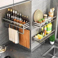 Wall-Mounted Kitchen Storage Rack Multifunctional Spice Shelf Wall Shelf  Hanging Hook Rack Condimenters Organizers Holder 2