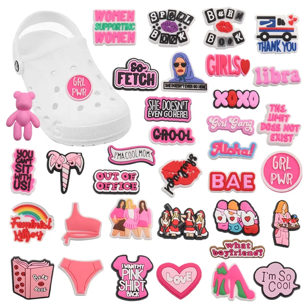 1Pcs Pink Series English Slogan Fashion Girl BAE PVC Sandals Shoe Decoration Buckle Clog Charms For Women Wristbands