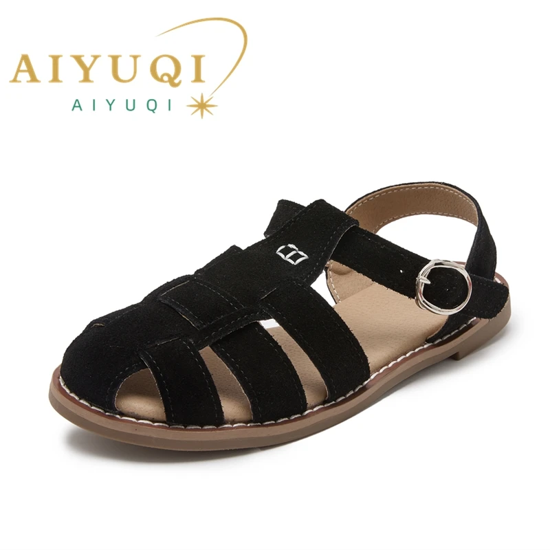 AIYUQI Flat-soled Retro Genuine Leather Hollow Baotou Sandals Women's 2025 New Hollow Pig Cage Women's Sandals 4