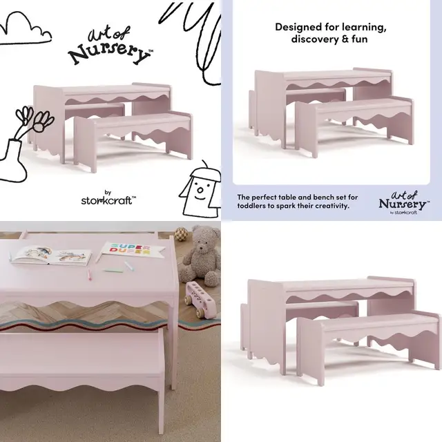 Indoor Kids Table and Bench Set in Blush – GREENGUARD Gold Certified, Premium Toddler Furniture, Durable and Easy-to-Clean Surfa