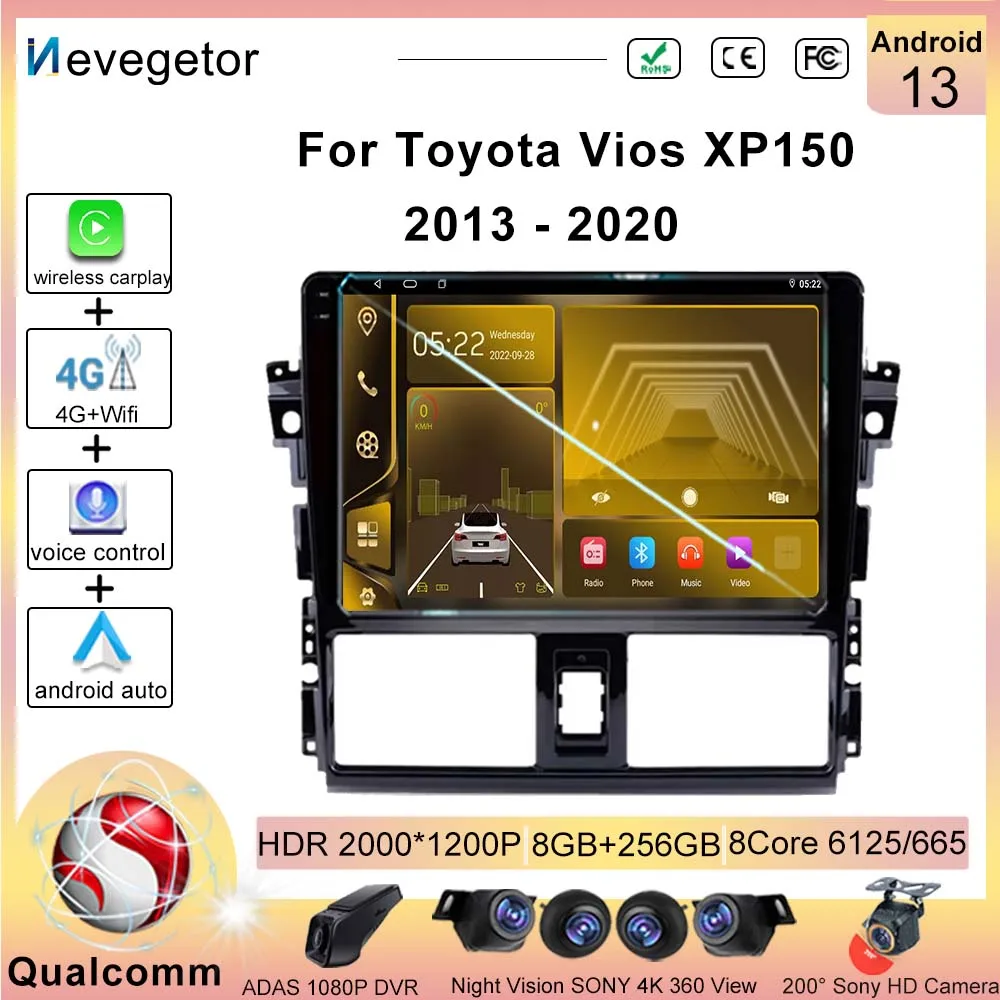 

Автомагнитола Qualcomm Snapdragon Android13 для Toyota Vios XP150 2013-2020, мультимедийный видеоплеер с GPS-навигацией, 2DIN DVD BT