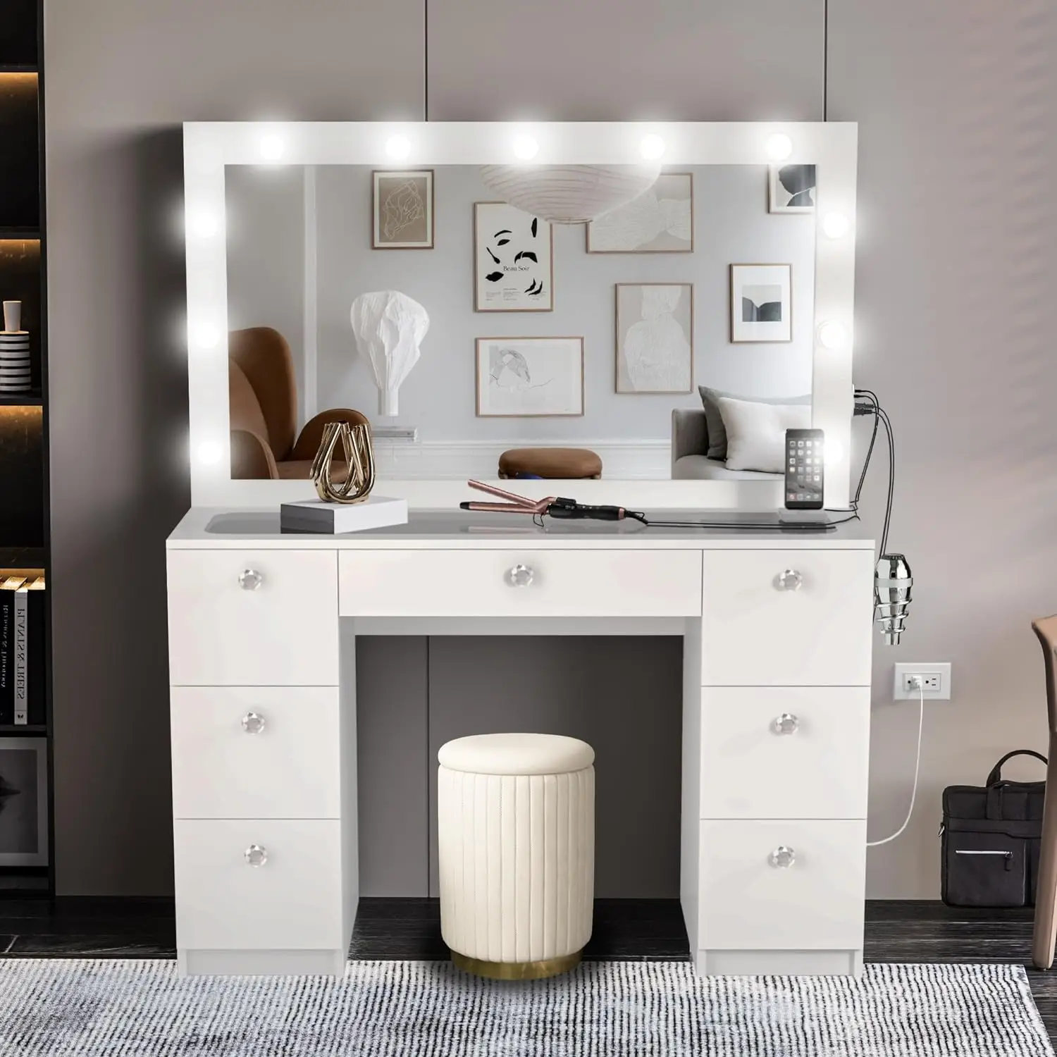 

Boahaus Lyra Large Makeup Vanity Desk with Lights Built-in, White Stool, Vanity Set 7 Drawers, White Vanity Mirror with Lights,