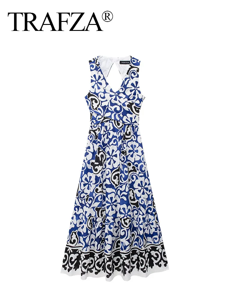 

TRAFZA Summer Dresses Woman Trendy Blue Printing V-Neck Sleeveless Backless Decorate Female Chic Bohemian Style Long Dress