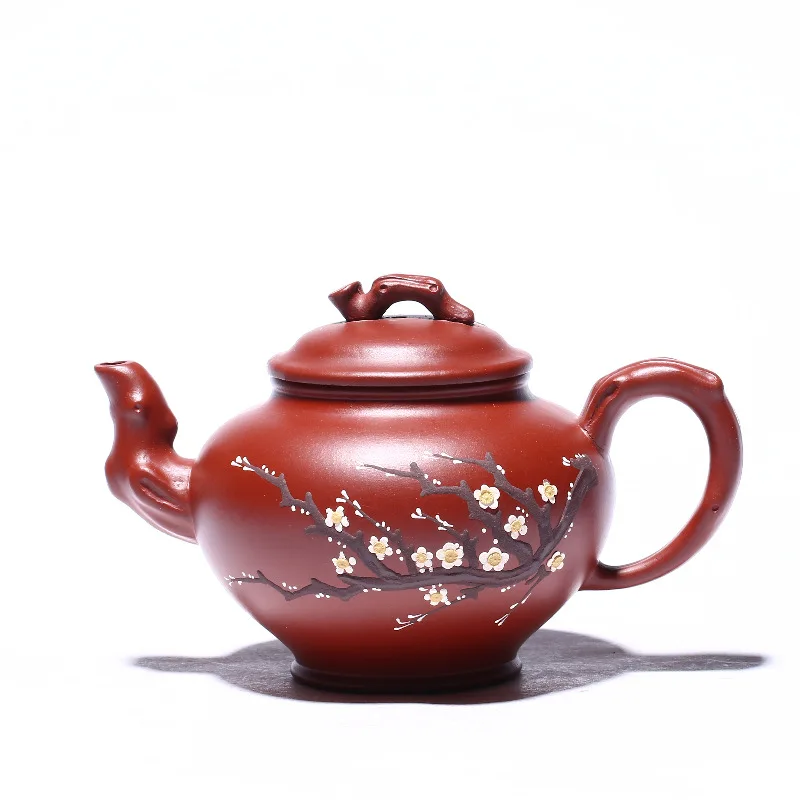 Chinese Style Plum Blossom Pattern Teapot, Purple Clay Raw ore Dahongpao, Kung Fu Household, Handmade, 230ml Pot, New, 1Pc