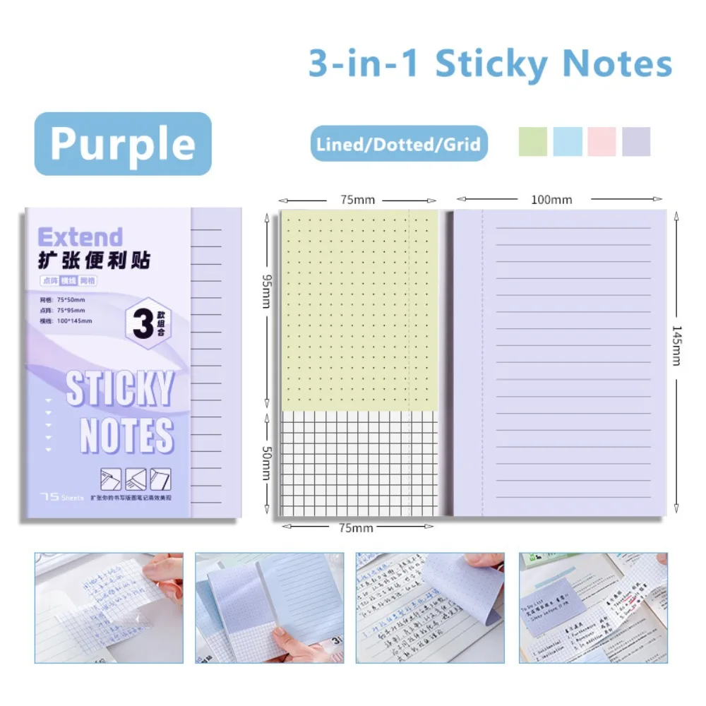 Versatile 3-in-1 Self-Adhesive Memo Pads with Lined, Dotted, and Grid Options