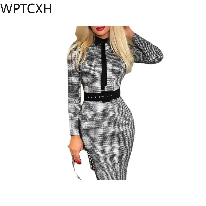 

2024 Spring Casual Printed Dress Slim Long Sleeves Belt Women Midi Office Dress Female Mid Length Bodycon Vestidos Dress