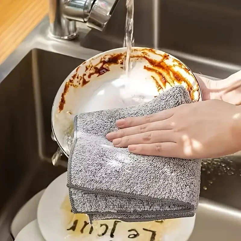 5/10pcs Gray Bamboo Charcoal Thickened Super Absorbent Dishcloth Oil Resistant Kitchen Wipes Microfiber Cleaning Cloths