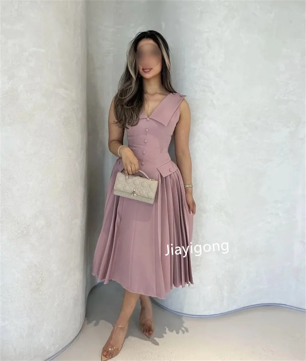 Customized Fashion Jersey Pleat Button A-line V-neck Midi Dresses Bespoke Occasion Homecoming High Quality Matching S54a478f2be764e9ca59e4eb3d7d039ech