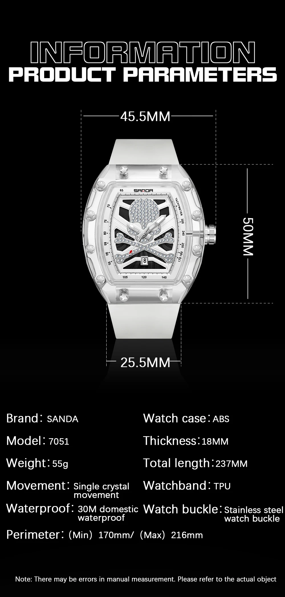 SANDA Sanda New 7051 Hot Selling Men's Quartz Watch Fashion Trend Cool Brick Embedding Skeleton Head Wristwatch