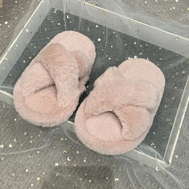 Winter New Kids Open-toe Slippers Solid Color Versatile Girls Home Cotton Shoes Fashion Warm Fluffy Children Fur Slippers Soft