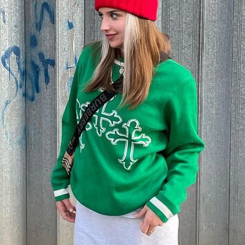 

Green Cross Knitted Sweater Women's Coat Pullover Loose Wild Student Couple Ins Korean Trend Autumn And Winter O-neck Sweatshirt