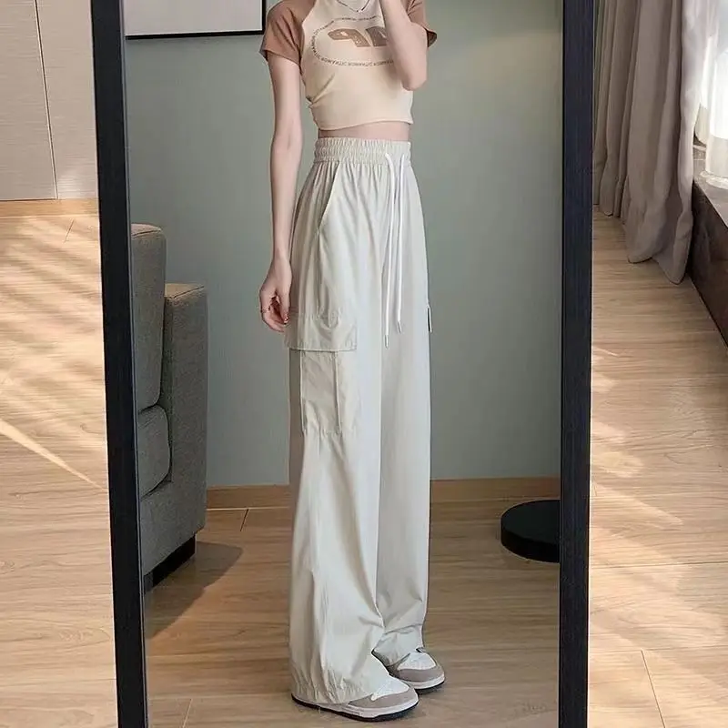 Women's Solid Spring Autumn High Waist Pockets Drawstring Elastic Casual Sports Wide Leg Workwear Trousers Office Lady Pants elegant vintage office lady khaki loose wide leg high waist classic baggy trousers for s casual workwear fashion solid color