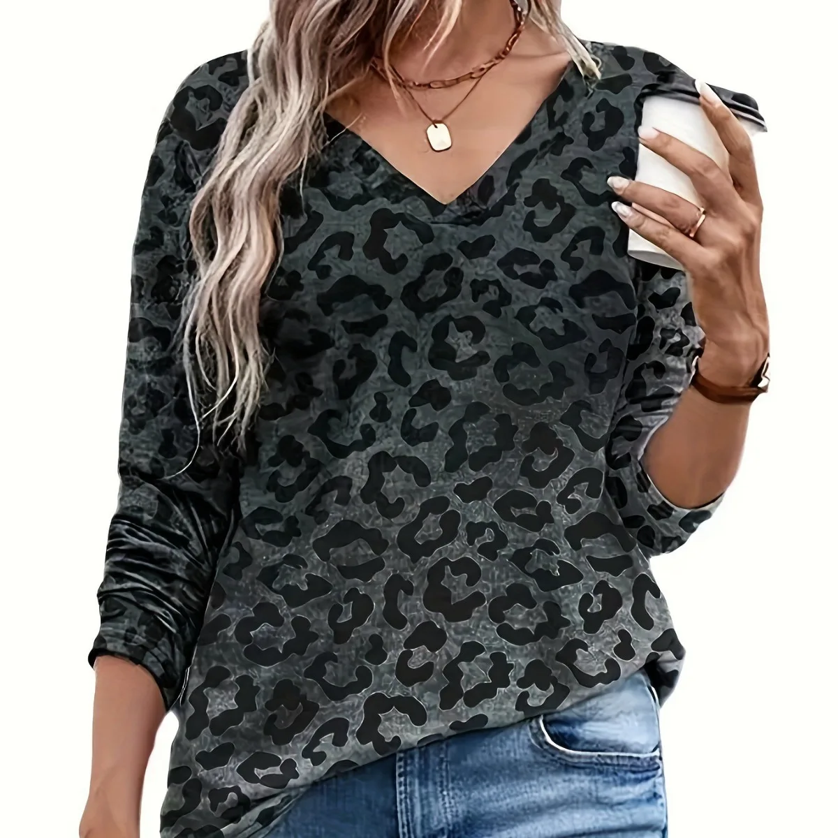 

2023 TEMU Hot Selling Women's Vintage Fashion Casual Leopard Print Women's Long Sleeved Top