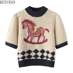 2023 New Spring Summer Short Sleeve Sweater Women Trojans Contrast Knitted T-Shirt Vintage Fashion Pullover Knitwear Crop Tops
