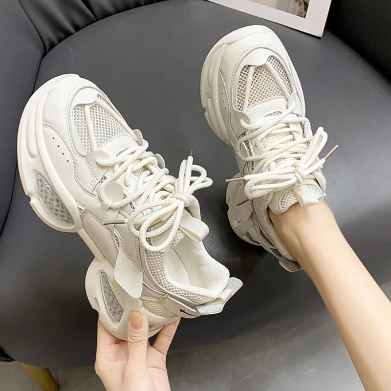Women's Air Cushion Platform Sneakers 2023 Lace Up Breathable Mesh Sports Shoes for Women Ladies Casual Clunky Sneaker Tenis