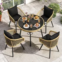5-Piece Outdoor Rattan Dining Set for 4 – Glass-Top Table with Umbrella Hole, Cushions & Cup Holders - Image 3
