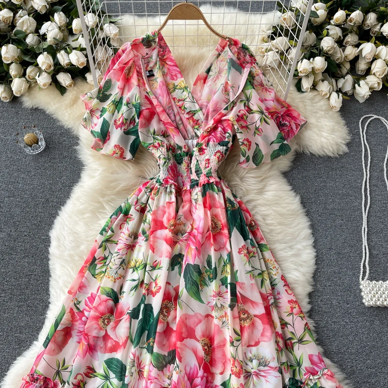 Elegant Party Dress Women Chiffon Printed Floral Long Dresses Ladies Short Sleeve Sexy V-neck Beach Maxi Dress Vestidos