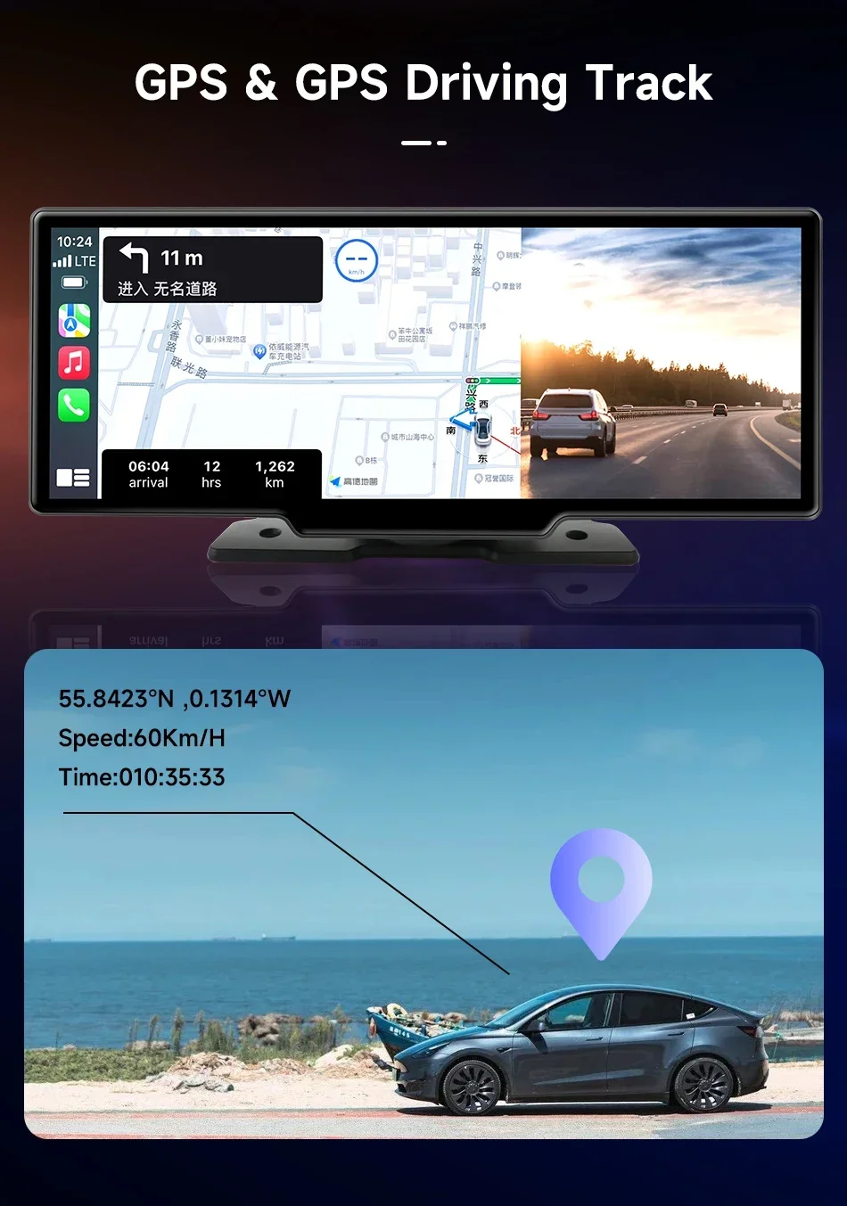 DashCam records GPS driving tracks with LTE and Bluetooth interface.