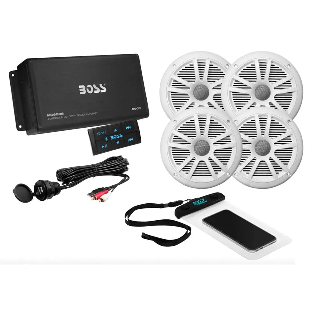 Audio Systems .64 Marine Boat 6.5 inch Speakers and 4 Channel Amplifier-500 High Output, Bluetooth Remote