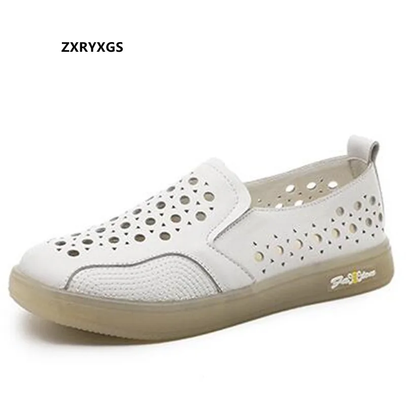 

ZXRYXGS Top Layer Cowhide Hollow Breathable Sneaker Sandals Flat Shoes 2022 New White Shoes Comfort Soft Sole Women Casual Shoes