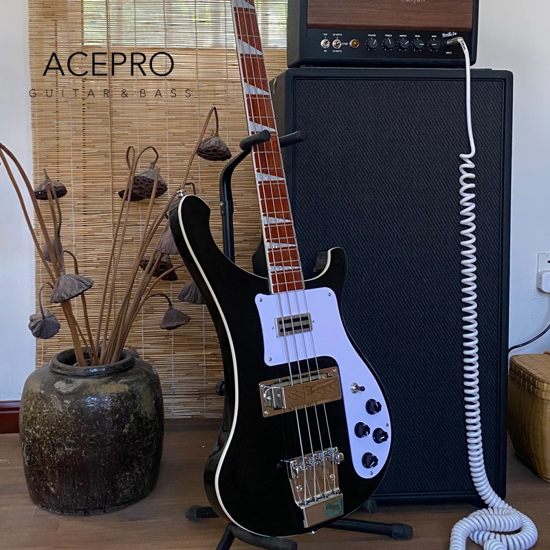 Neck Thru Body Electric Bass Guitar Black Color, Adjustable Bridge 4 String bajo eléctrico, 20 Frets Rosewood Fingerboard