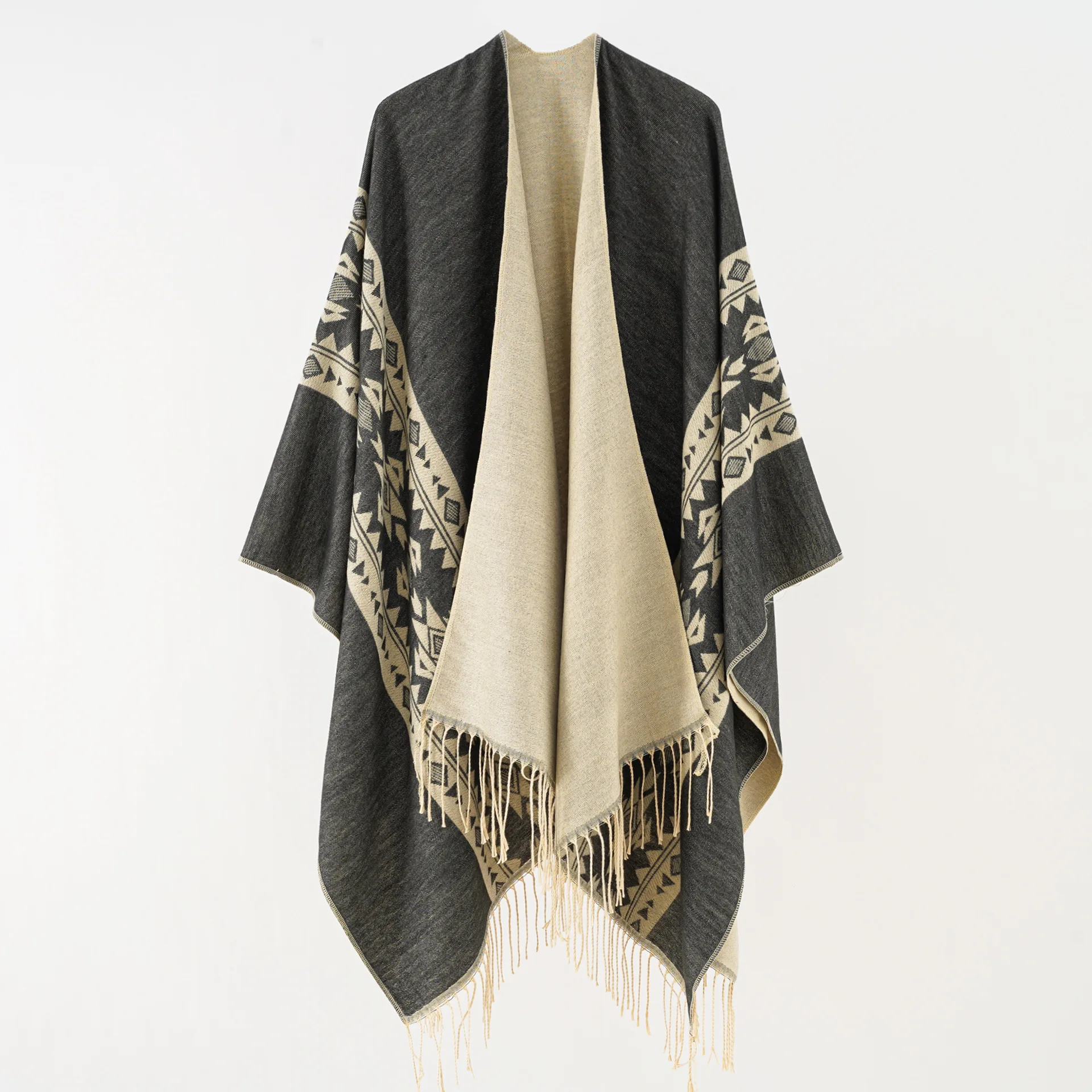 New Street Fashion Imitation Cashmere Scarf Slit Fashionable Spring and Summer Shawl Cape Ethnic Style High-end Shawl