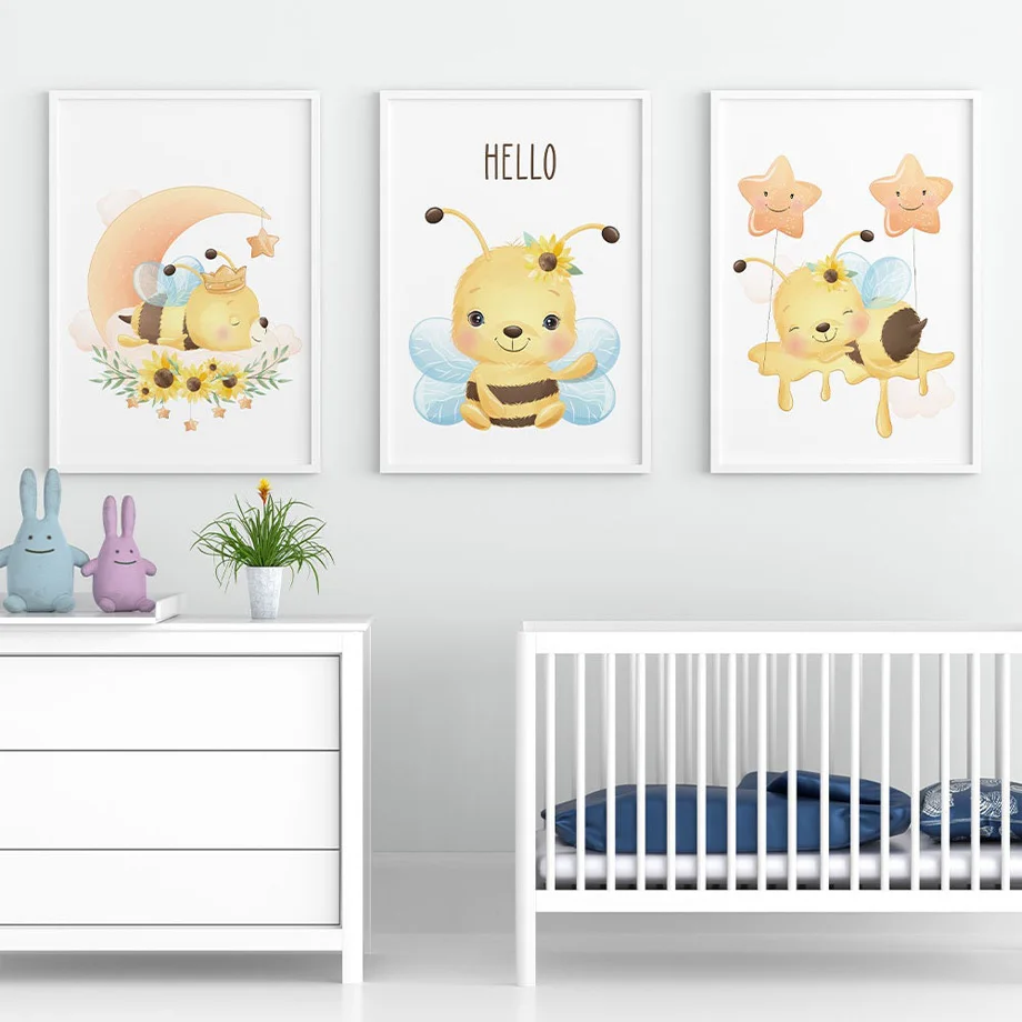 

Cartoon Bee Moon Star Flower Nursery Posters And Print Wall Art Canvas Painting Wall Pictures For Baby Girl Room Home Decoration