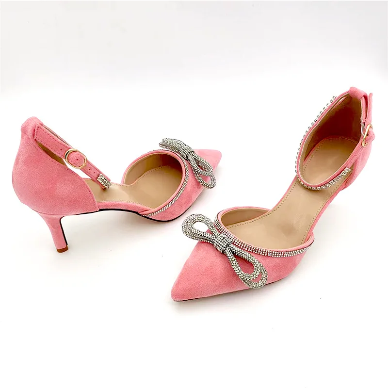 

Spring and Summer New Pointed Suede Rhinestone Sandals with Thin High Heels for Party Dresses Versatile Large Women Single Shoes