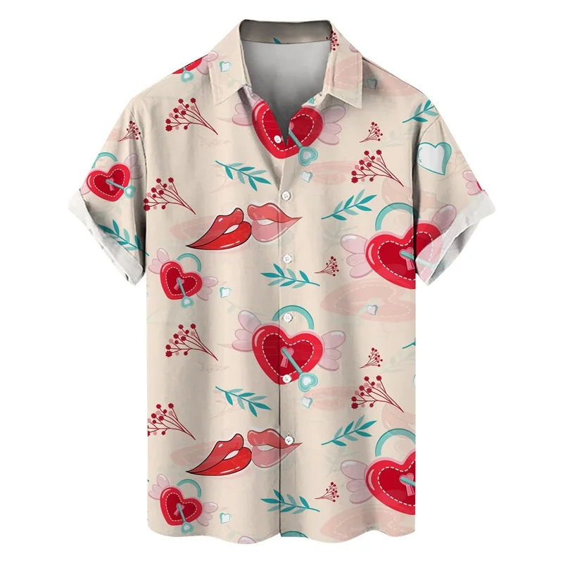 thumbnail image 1 of Camisetas de manga corta para hombre, con estampado 3D de amor, gráfico, camisas de botones para el día de San Valentín, blusa informal de verano para playa para hombre, 1 of 5