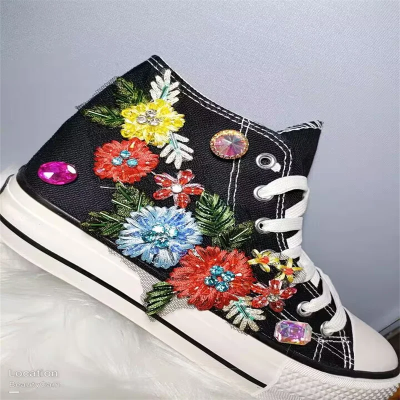 

Floral rhinestone hand custom canvas shoes high top spring and autumn lace-up casual shoes women's large size 35-44