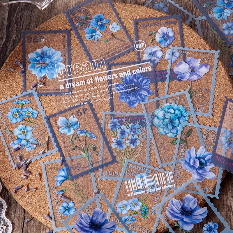 Floral Stickers 40Pcs/Bag Vintage Fern Floral Stamp PET Sticker Package DIY Diary Journal Decoration Label Album Scrapbooking