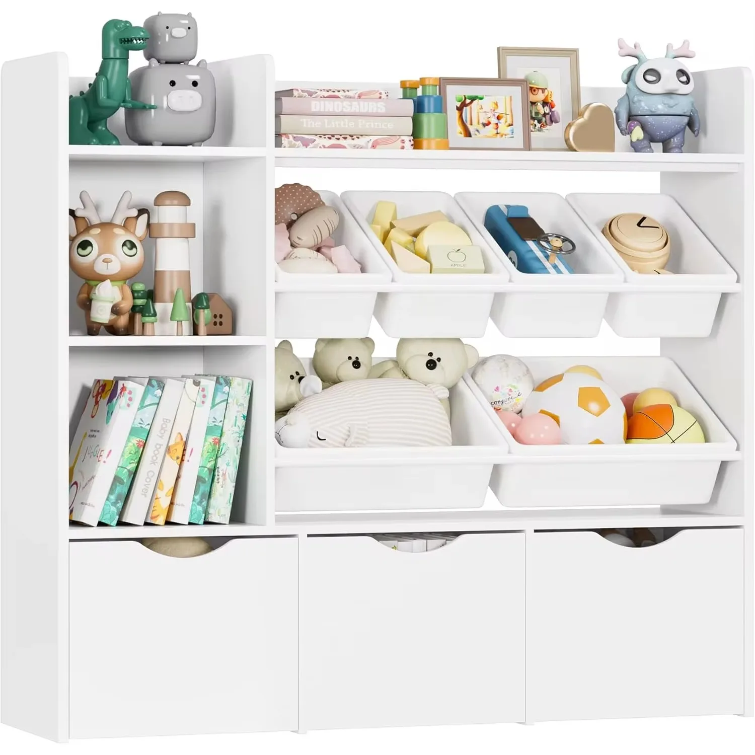 Toy Storage Organizer with 3 Drawers,Bookshelf and Bookcase with 6 Plastic Bins & 2 Storage Cubbies,Toy Box for Playroom