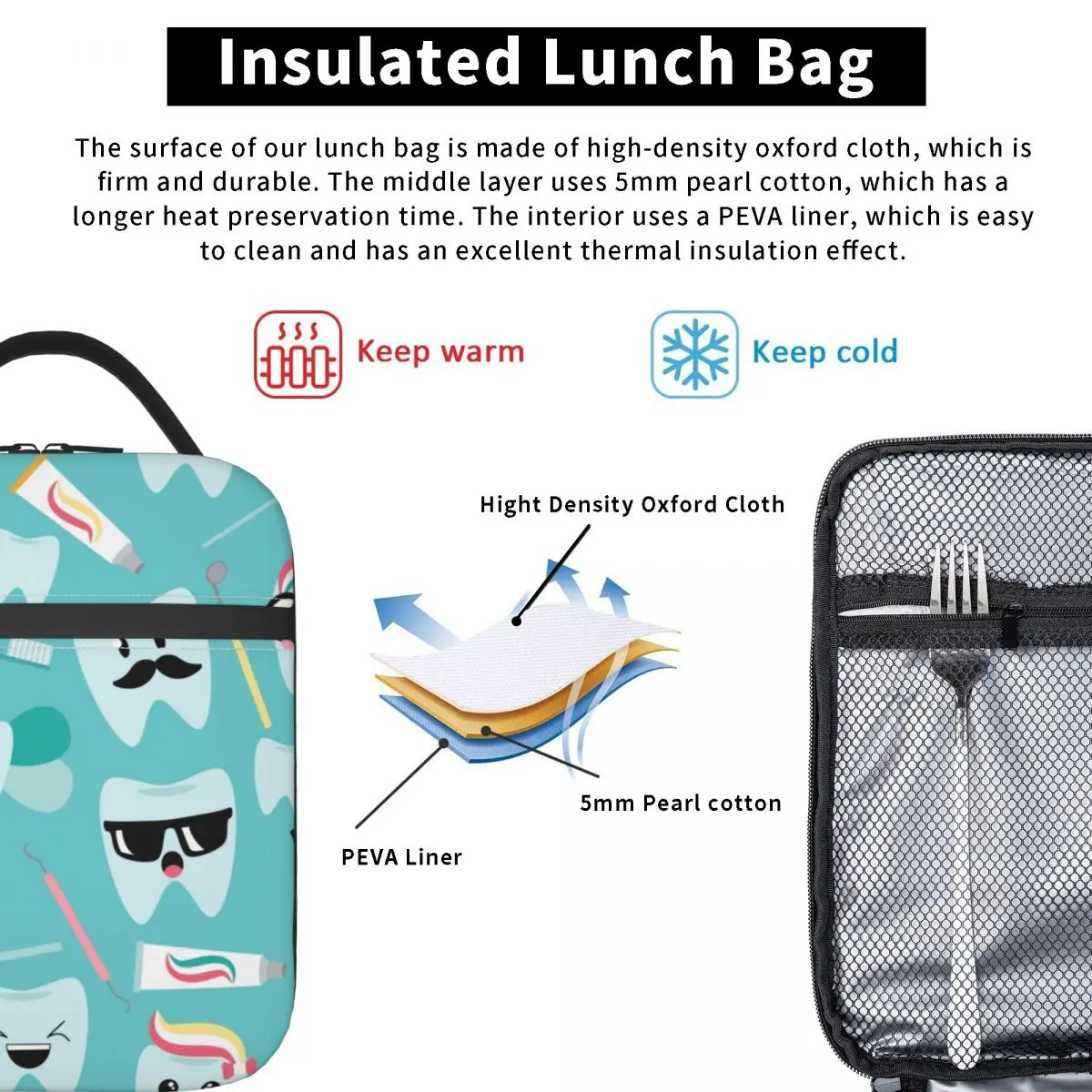 Kawaii Teeth Dental Pattern Insulated Lunch Bag for Women Portable Dentist Tooth Thermal Cooler Bento Box Office Picnic Travel