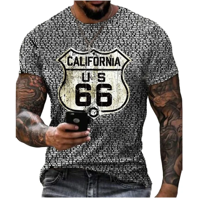 Summer New Men's Retro T-shirt US Route 66 Letter Print Short-Sleeved Oversized Loose y2k Clothes O Neck Top Streetwear 6xl D3521