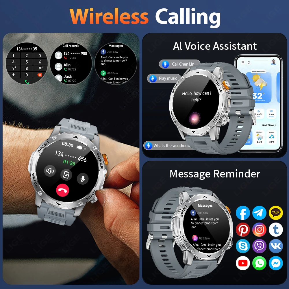 LIGE Smart Watch 1000 mAh 1.7 Inch Screen Bluetooth Call Voice Assistant Watch Sports Fitness IP68 Waterproof Smartwatch For Men