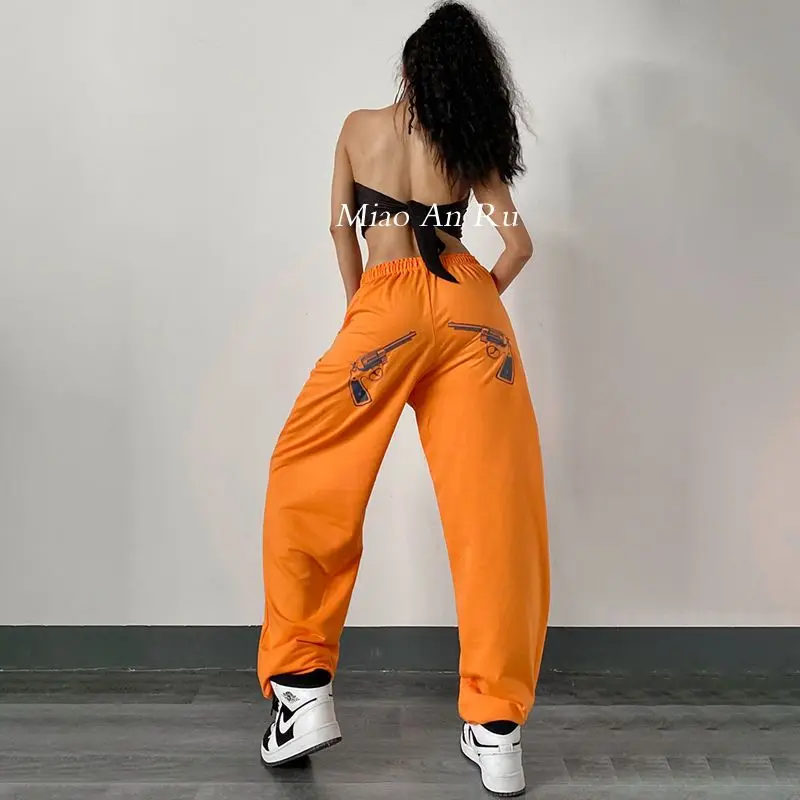 

Women Spring Street Style Vintage Guns Pattern Pants Workout Overalls Loose Orange Jazz Pants Streetwear Jogging Trousers