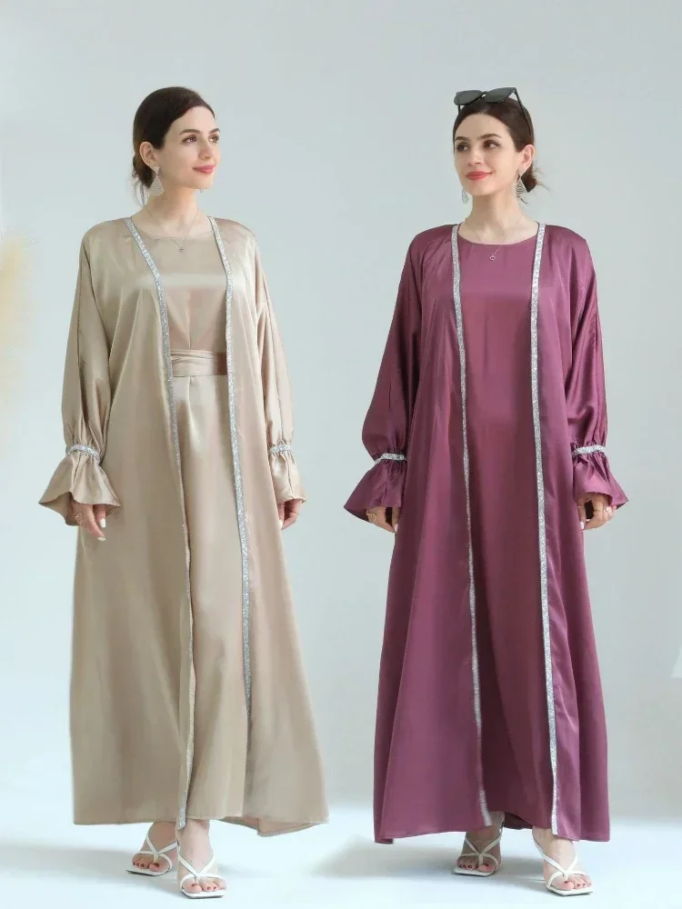 2 Piece Satin Abaya Set Muslim Open Abayas for Women Dubai Elegant Turkey Kimono + Inner Dress African Islamic Matching Outfit