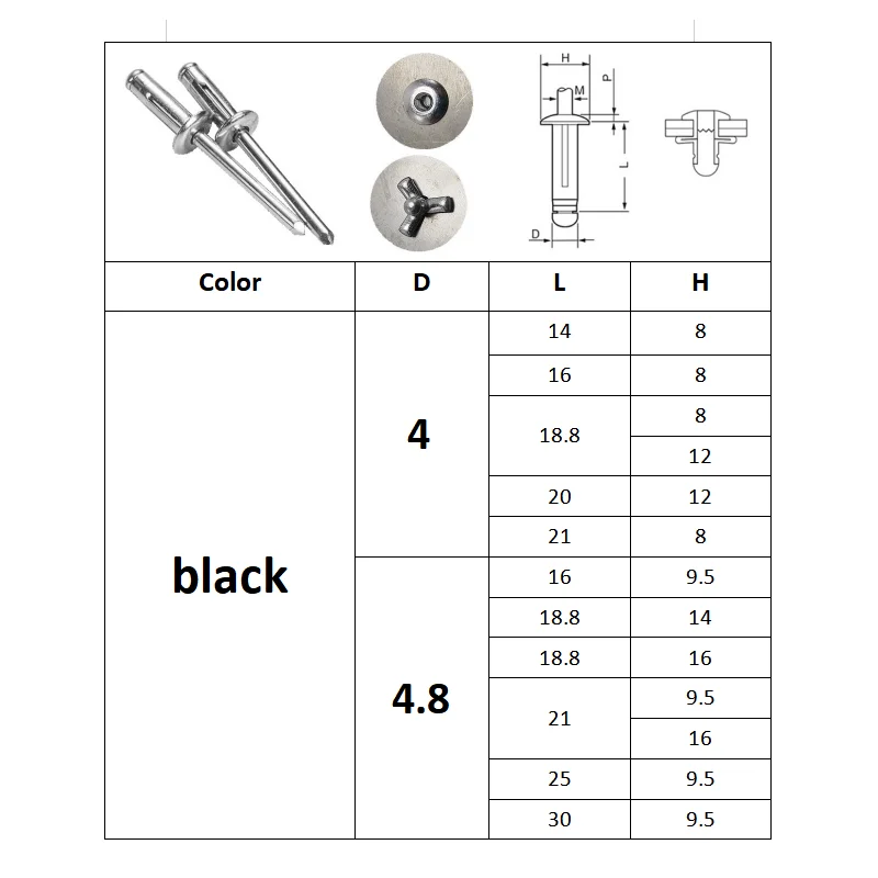 30/50pcs Black Folding Blind Rivets Aluminium Alloy