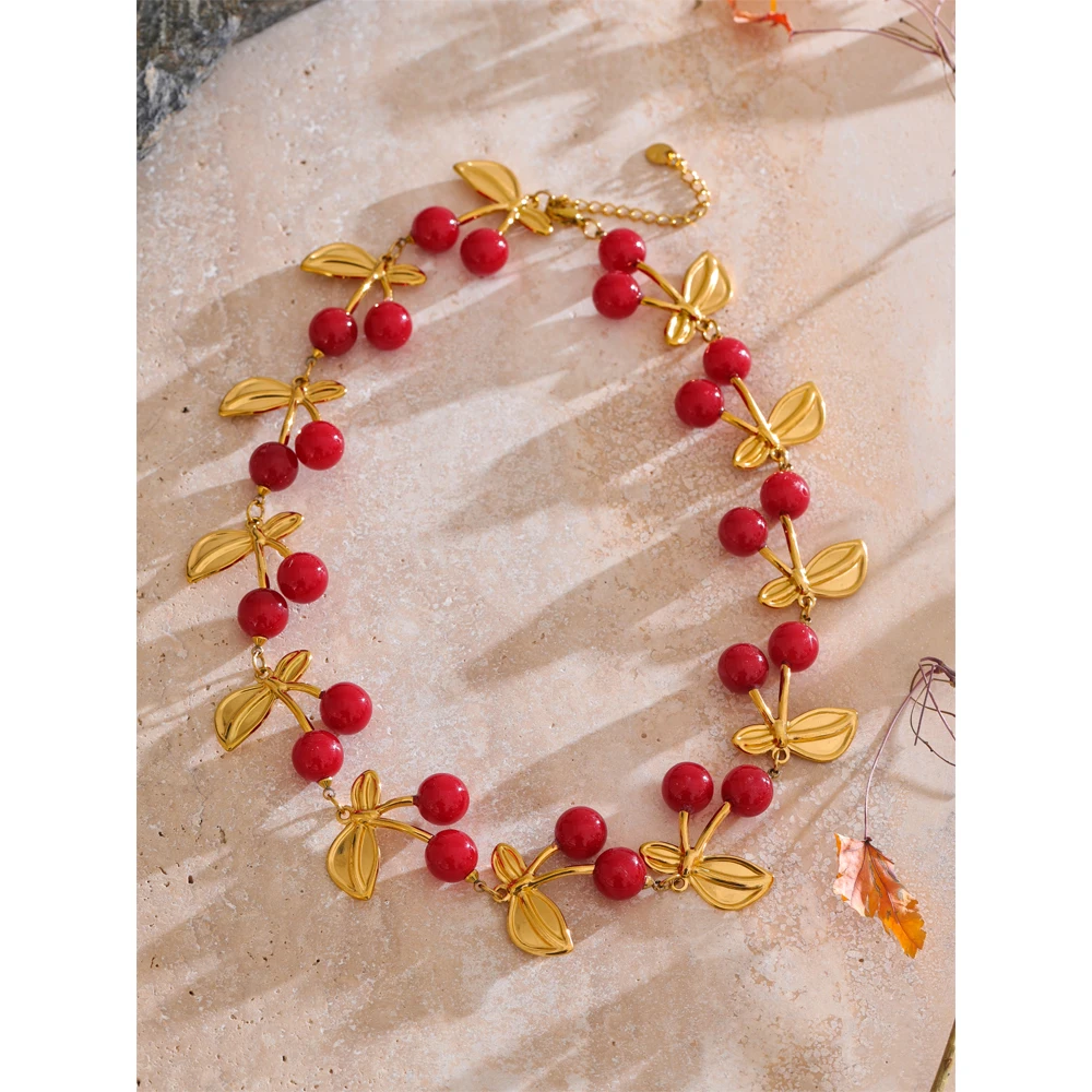 Exclusive Red Resin Cherry Trendy Fashion Stainless Steel for Women