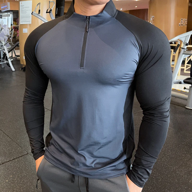 Zipper Collar Long Sleeve Men's Fitness T Shirt - Men's Fitness Apparel, Men's  Sports & Fitness T Shirts