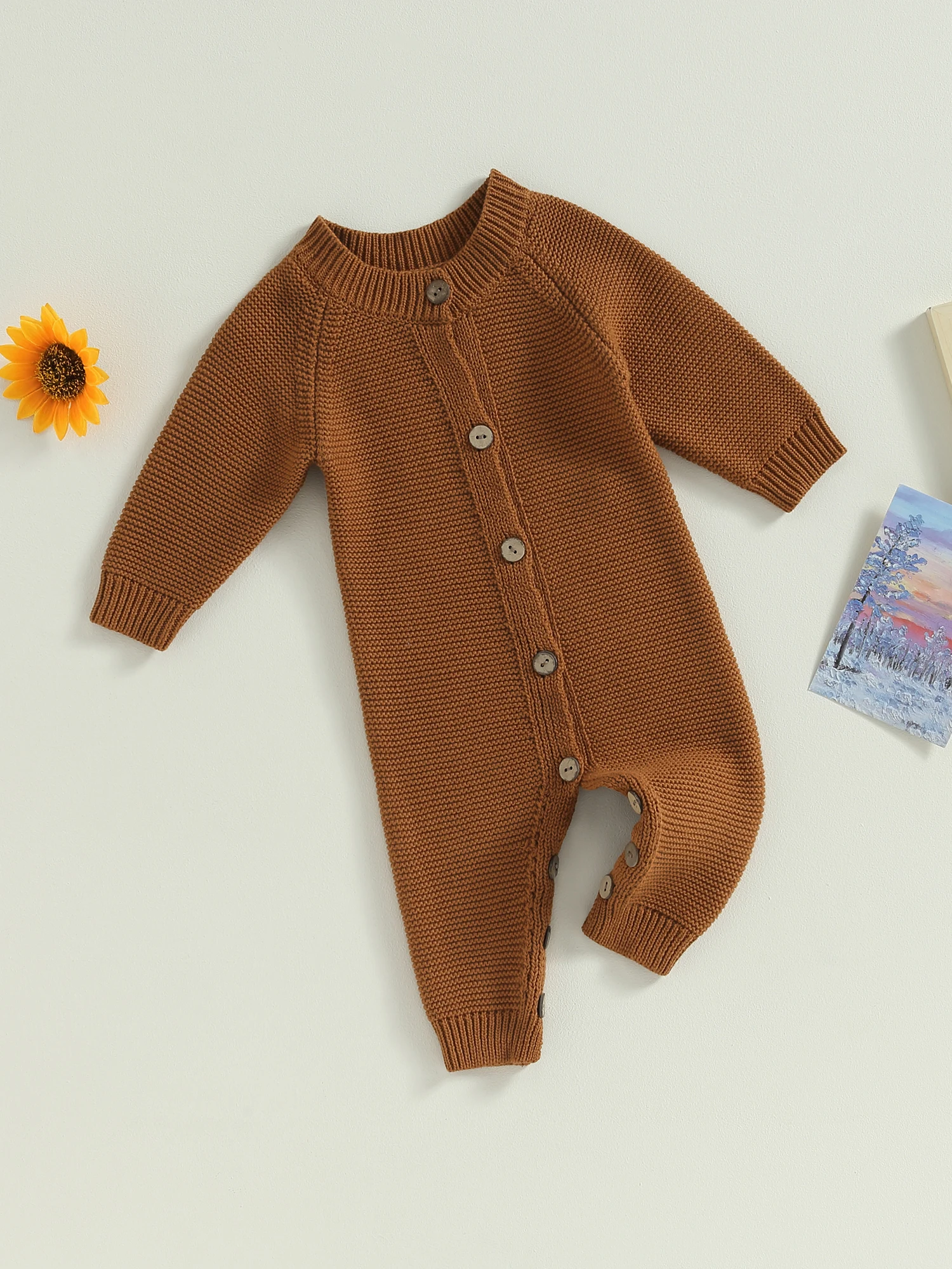 

Adorable Unisex Infant Autumn Overalls Stylish Long Sleeve Round Neck Solid Color Button-Up Pajamas