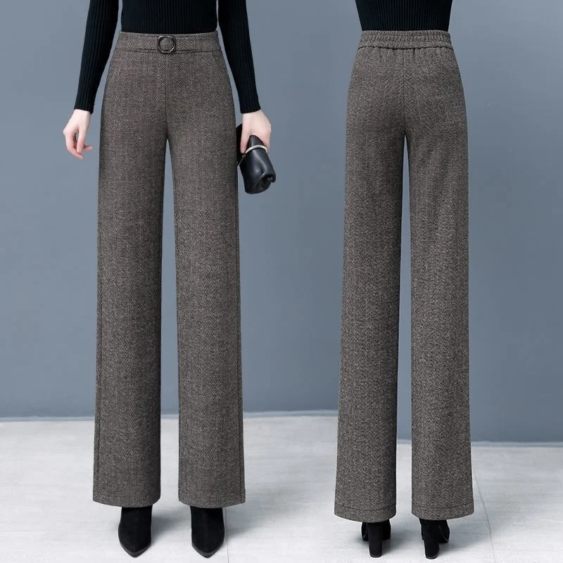 Women Plus Velvet Wide Leg Pant Korean Fashion Woolden Blend Baggy Trousers Fall Winter Fleece Lined Straight Stretch Pantalones