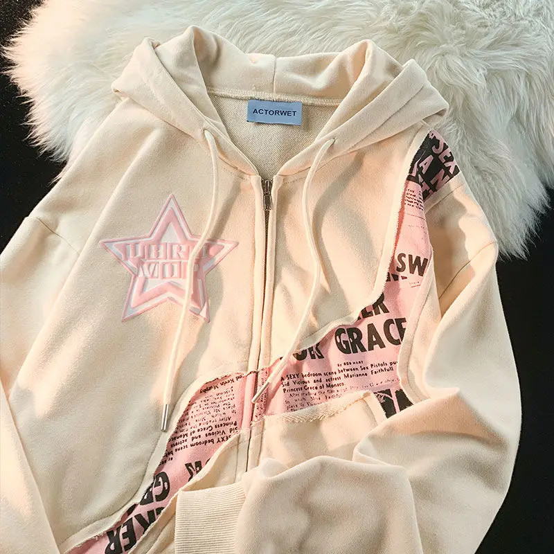 

American Fried Street Star Letter Print Splicing Cardigan Sweater Women Clothes Tide Brand Fashion Sweet Cool Wind Loose Coat