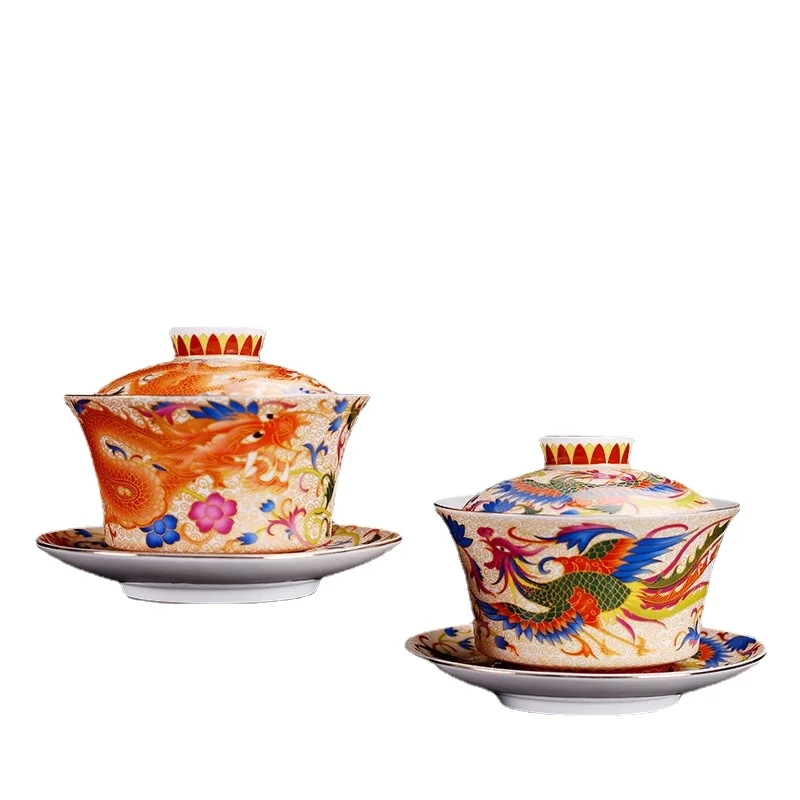 

2024 New Pink Hand-painted Gold-plated Ceramic Flower Tea Bowl, Kung Fu Tea Set Enamel Colored Three Talent Covered Bowl 240ml