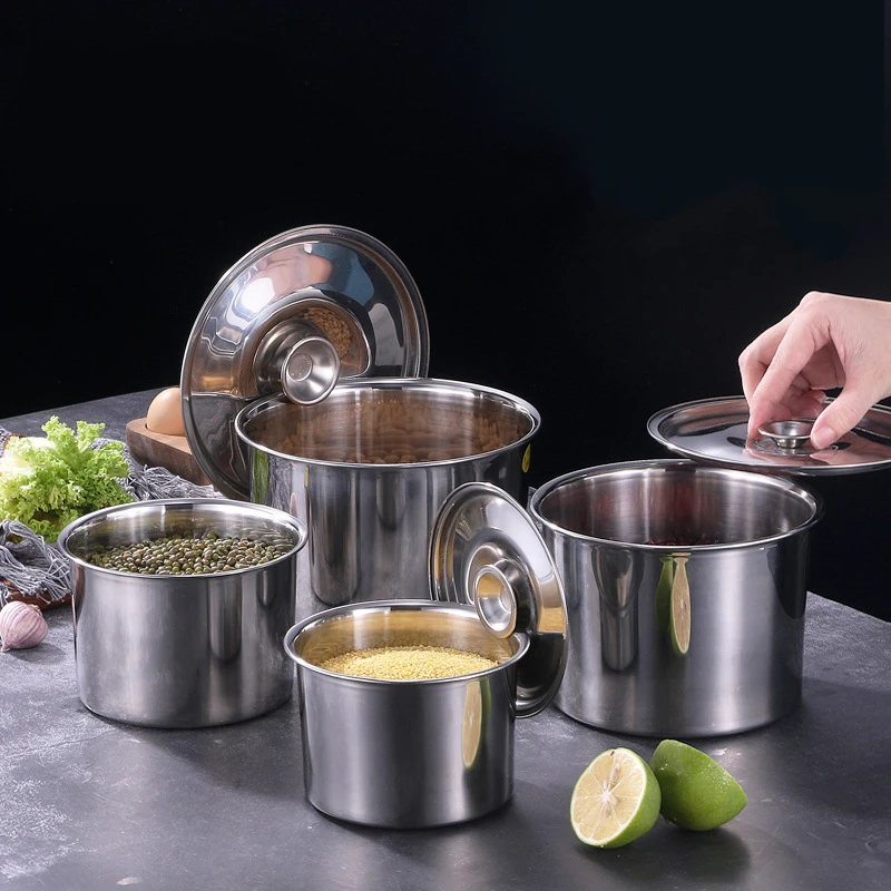Stainless Steel Food Storage Organizer Can with Lid Round Grains Spice Box Durable Egg Sugar Bowl Stew Pot Home Kitchen Items 2
