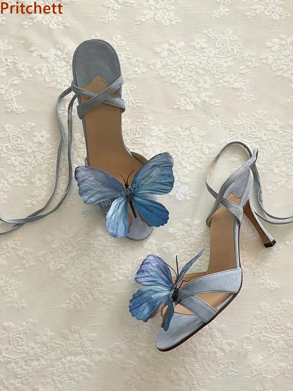 Pleated Butterfly Thin Heels Sandal Round Toe Slip On Slingback Ankle Band Stiletto Shoes Summer Vocation Party Women Shoes 2024